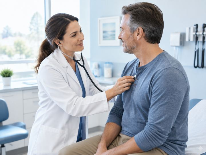 Family doctor listening to a patient with a stethoscope